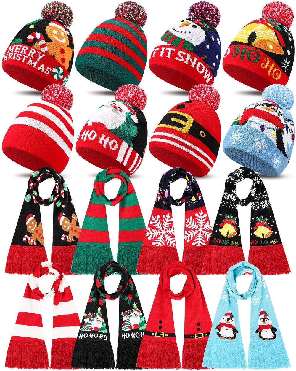 4970 16 Pcs Christmas Knitted Beanie and Scarf Set Unisex Xmas Hat Warm